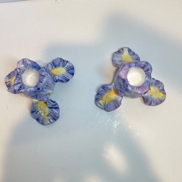 Vintage Ceramic Iris Flower Candle Holders Hand-Painted Purple & Yellow Floral D - Picture 4 of 11